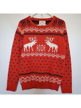 V28 CHRISTMAS SWEATER REINDEER HOLIDAY FESTIVE RED/BLACK/WHITE UNISEX ( L )